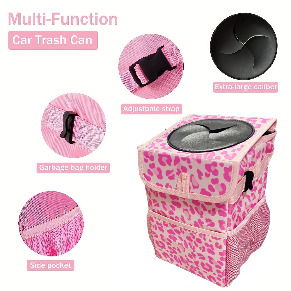 Car Trash Can with Lid and Storage Pockets - Waterproof Car Trash Bag Hanging, Leak-Proof Automotive Garbage Can, Multipurpose C