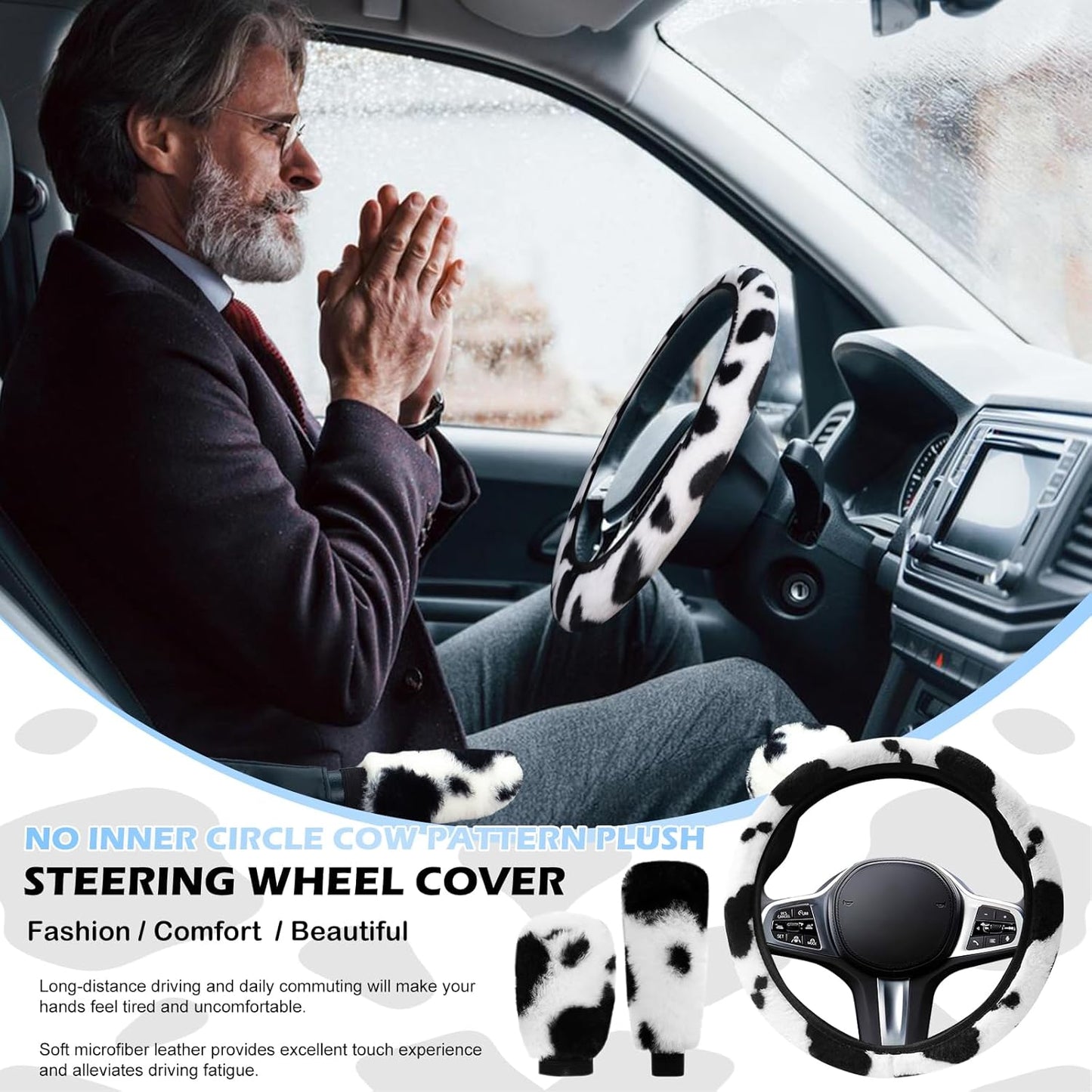 3PCS Furry Cow Print Steering Wheel Cover,Auto Plush Cute Cows Shift Gear & Hand Brake Covers Soft Warm Universal Car Interior Accessories for Women Men(Black)