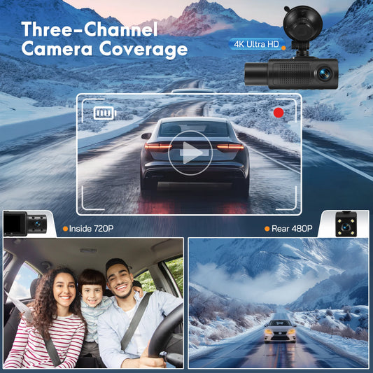 Dash Cam,3 Channel Dash Cam 4K+720P Dash Cam Front and inside Dash Camera with 64GB Card,Night Vision,G-Sensor,24Hr Parking,Triple Car Camera with IR Night Vision