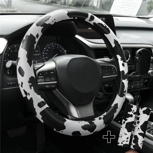 Cow Print Steering Wheel Cover and 2 Pack Seat Belt Shoulder Pad Non Slip Universal 14.5" to 15"