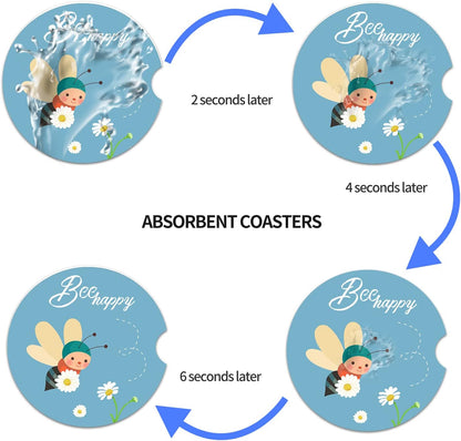 2.56" Ceramic Car Coasters - Adorable Bee Design: Don'T Worry, Bee Happy - Perfect Auto Cup Holders for Car, Absorbent, Durable