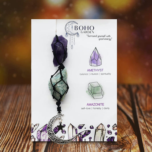 Hanging Car Charm - Amethyst & Amazonite - Dangling Moon & Healing Crystal Accessories, Rearview Mirror Decorations - Balance, Intuition, Spirituality, Self-Love, Honesty, Clarity, Energy
