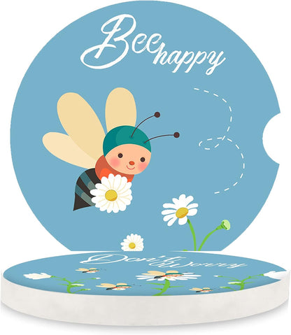 2.56" Ceramic Car Coasters - Adorable Bee Design: Don'T Worry, Bee Happy - Perfect Auto Cup Holders for Car, Absorbent, Durable