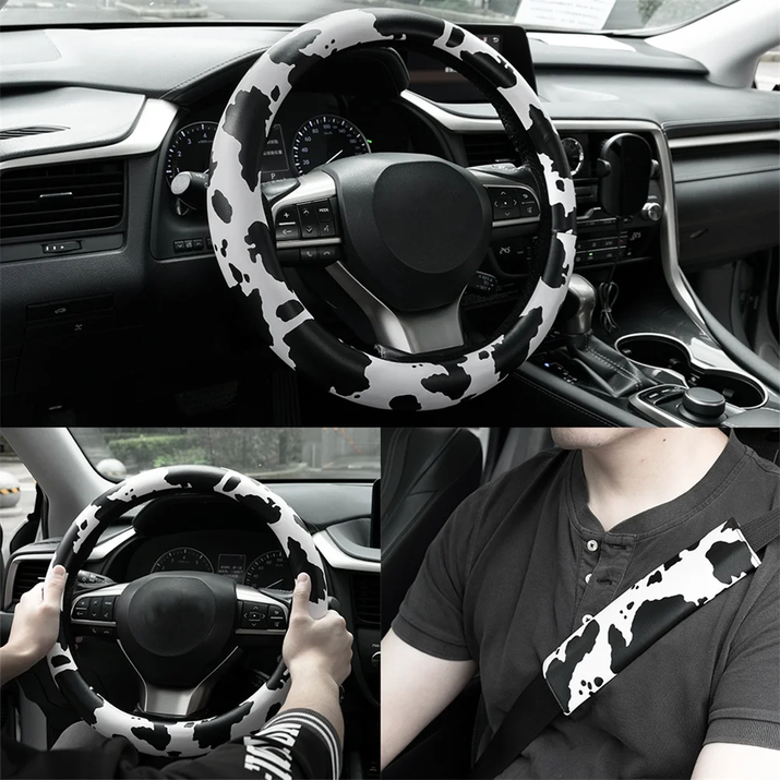 Cow Print Steering Wheel Cover and 2 Pack Seat Belt Shoulder Pad Non Slip Universal 14.5