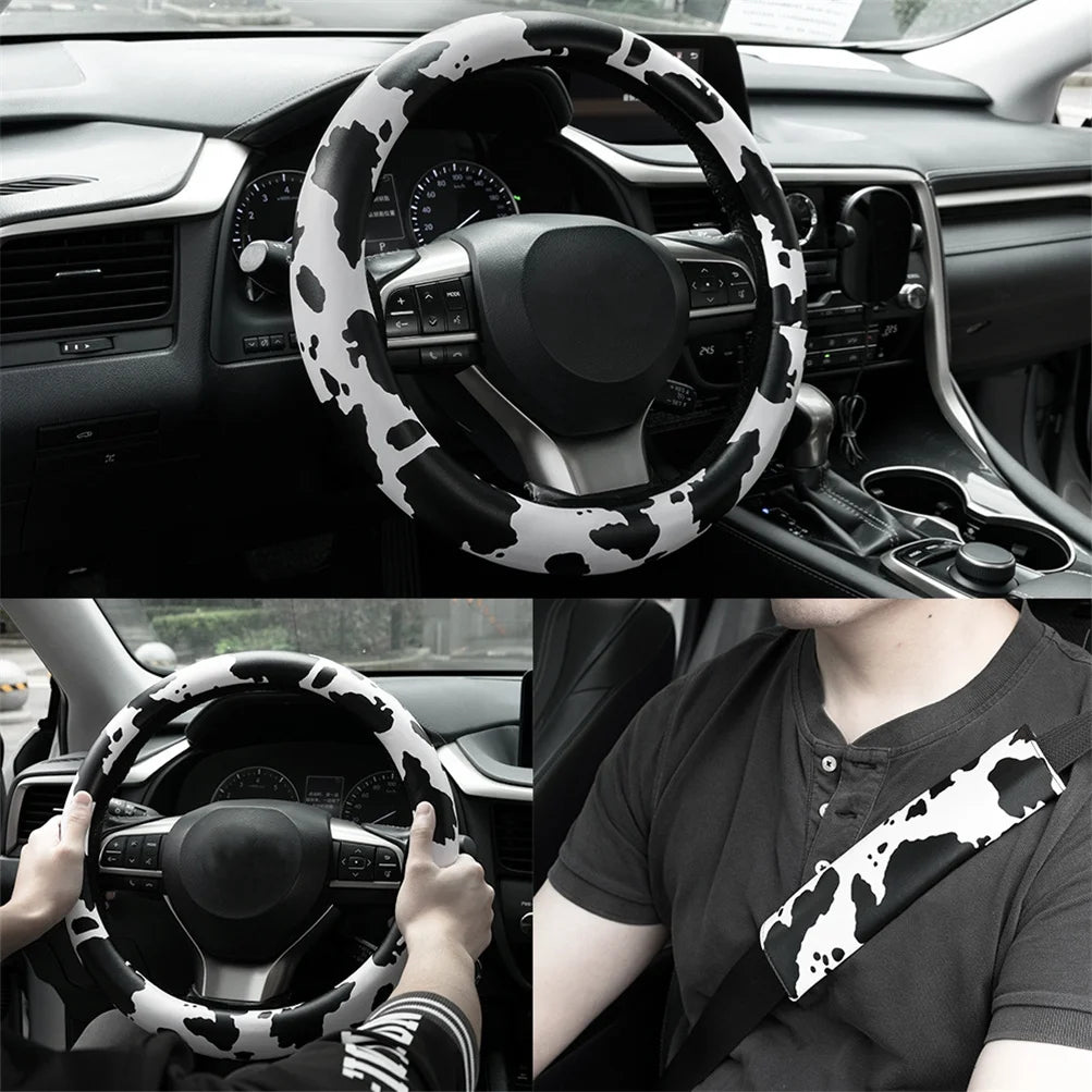Cow Print Steering Wheel Cover and 2 Pack Seat Belt Shoulder Pad Non Slip Universal 14.5" to 15"