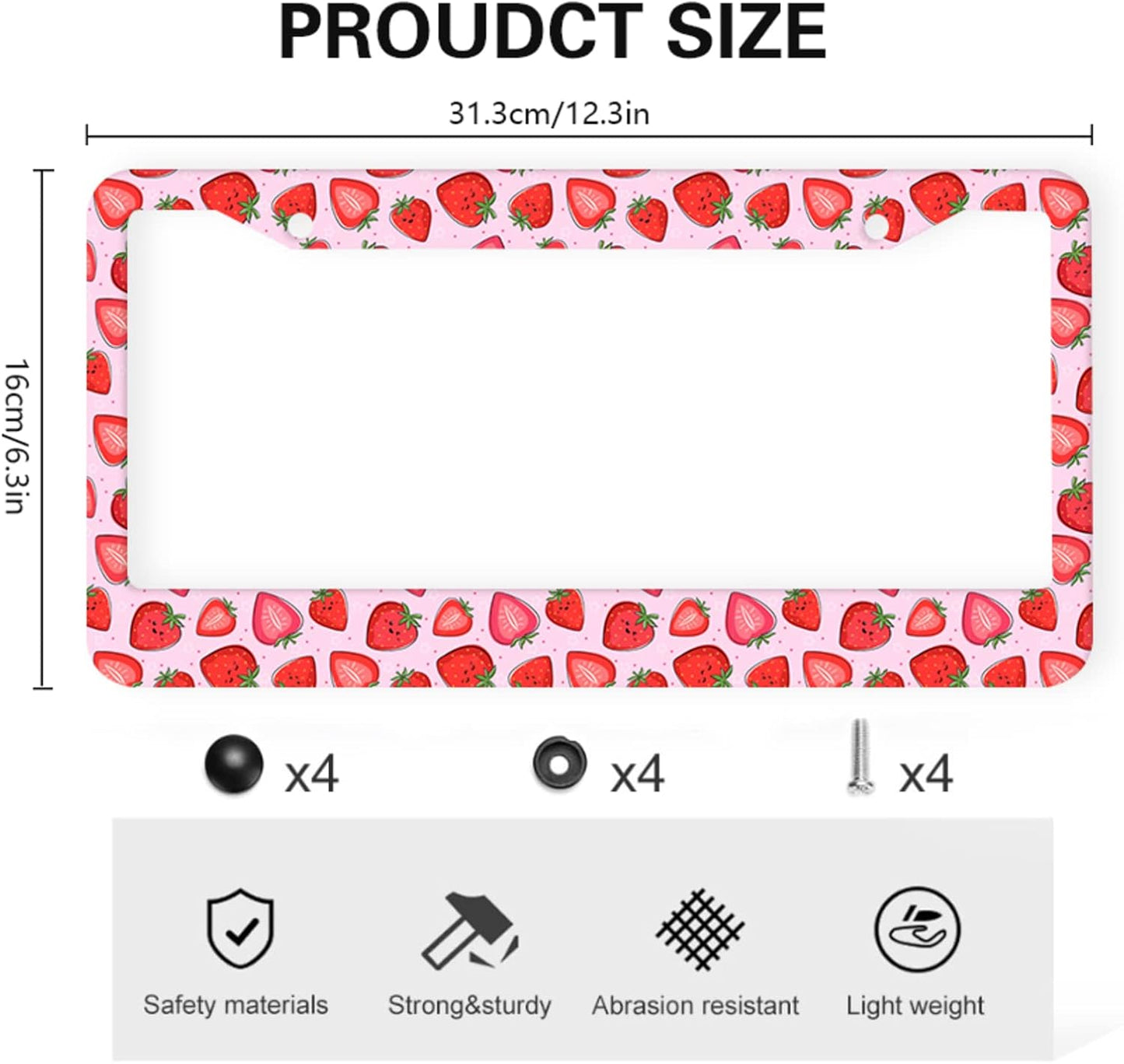 Cute Strawberry License Plate Frames 2 Pack 2 Holes Aluminum License Plate Cover with 2 Pcs Car Coasters and Screw and Black Screw Caps for Girl Women Men Gifts