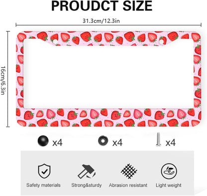 Cute Strawberry License Plate Frames 2 Pack 2 Holes Aluminum License Plate Cover with 2 Pcs Car Coasters and Screw and Black Screw Caps for Girl Women Men Gifts