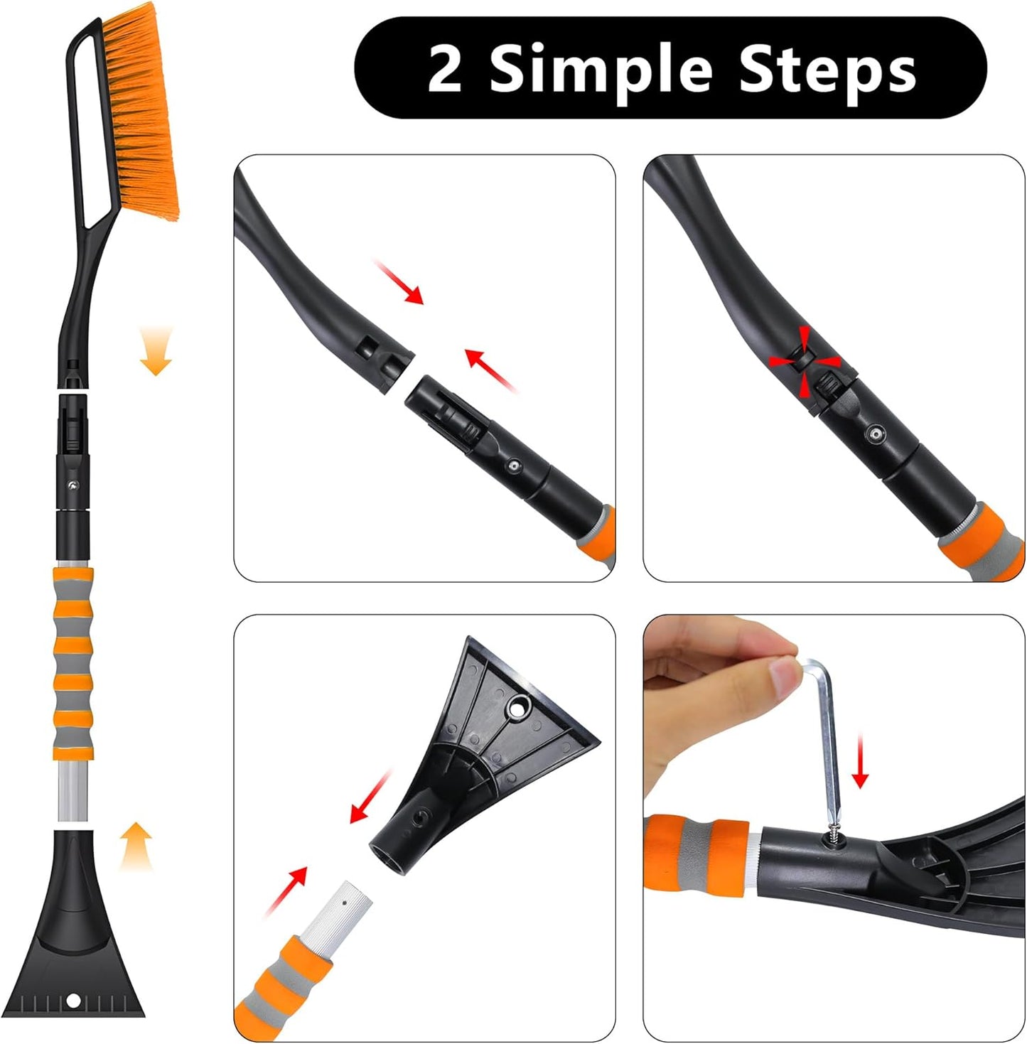 37'' Snow Brush and Ice Scraper for Car Windshield, Aluminum Extendable Snow Removal Tool for Car Window with Foam Grip for SUV Truck Auto Vehicle Winter Accessorie - Orange