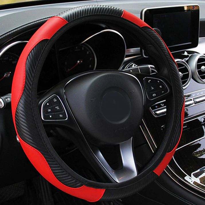 Car Steering Wheel Cover Red Black Leather Anti-Slip for 15