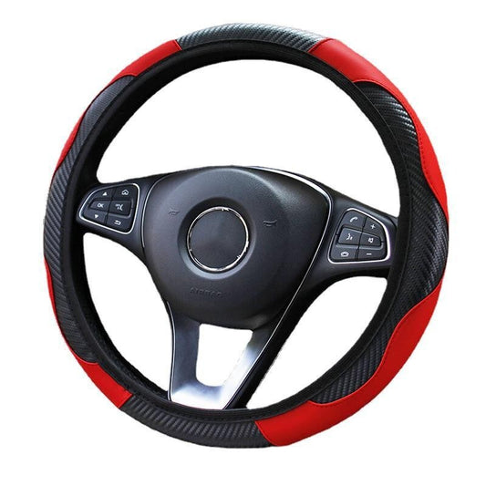 Car Steering Wheel Cover Red Black Leather Anti-Slip for 15"/38Cm Carbon Fiber