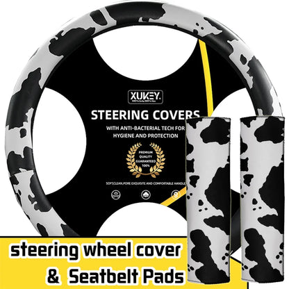 Cow Print Steering Wheel Cover and 2 Pack Seat Belt Shoulder Pad Non Slip Universal 14.5" to 15"