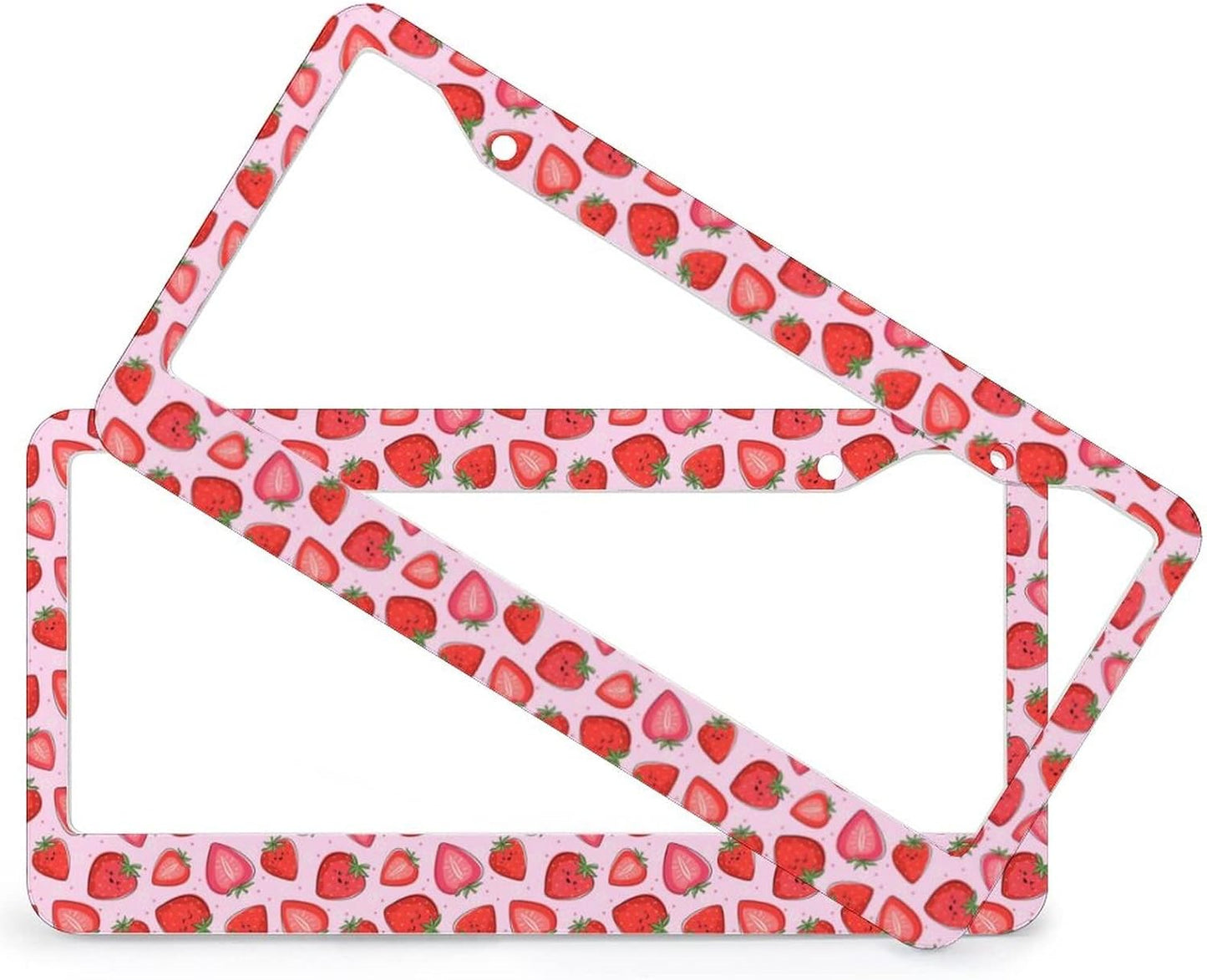 Cute Strawberry License Plate Frames 2 Pack 2 Holes Aluminum License Plate Cover with 2 Pcs Car Coasters and Screw and Black Screw Caps for Girl Women Men Gifts
