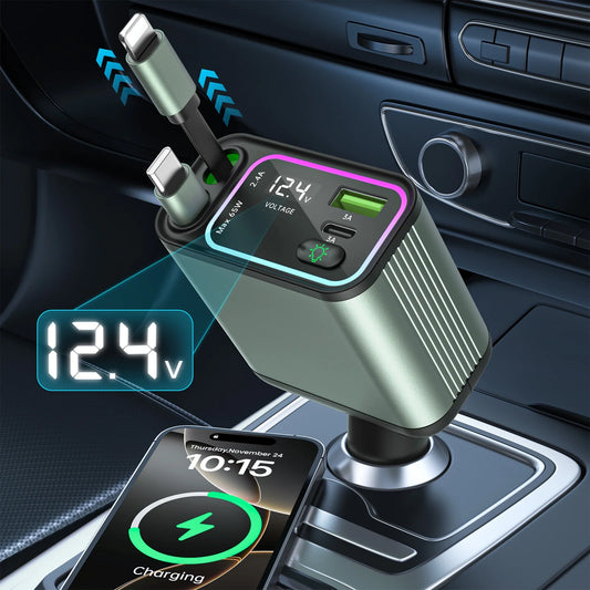 4 in 1 Retractable Car Charger with RGB Light, 66W Fast Charging Car Adapter with Lightning + Type C Cable & USB-C+USB-A Port, Car Phone Charger for Iphone/Galaxy/Pixel, Car Accessories for Women Men