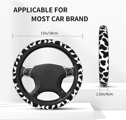 Black and White Cow Print Steering Wheel Cover Anti-Slip and Practical 14.5-15 Inch Universal Car Steering Wheel Cover with 2 Pieces Car Coasters Suitable for Men Women