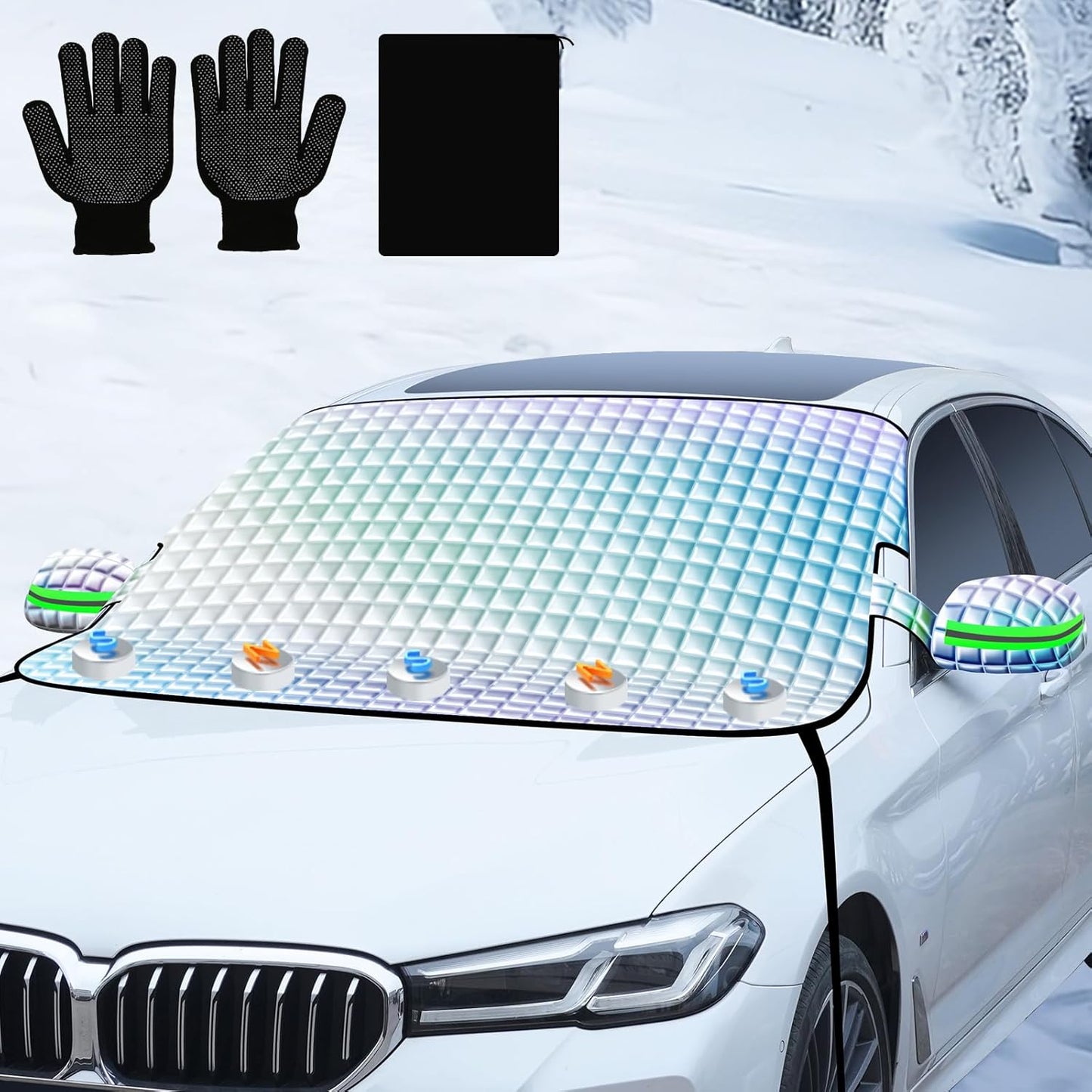 Windshield Snow Cover for Car SUV, Heavy Duty Waterproof Ice Shield with Mirror Flaps, Anti-Hail Frost, All Weather Exterior Protector for Winter Snow Rain Sun UV, Fits Most Vehicles