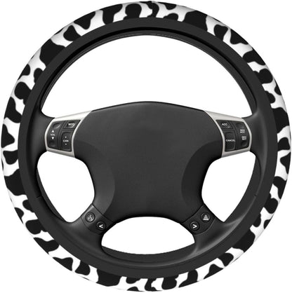 Black and White Cow Print Steering Wheel Cover Anti-Slip and Practical 14.5-15 Inch Universal Car Steering Wheel Cover with 2 Pieces Car Coasters Suitable for Men Women