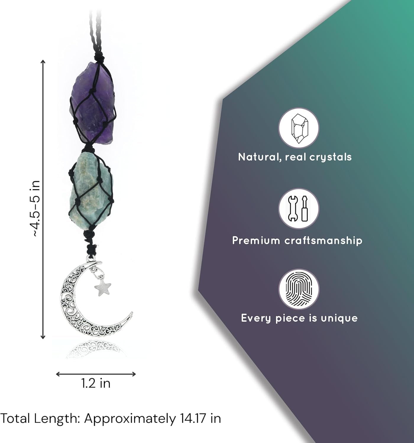 Hanging Car Charm - Amethyst & Amazonite - Dangling Moon & Healing Crystal Accessories, Rearview Mirror Decorations - Balance, Intuition, Spirituality, Self-Love, Honesty, Clarity, Energy