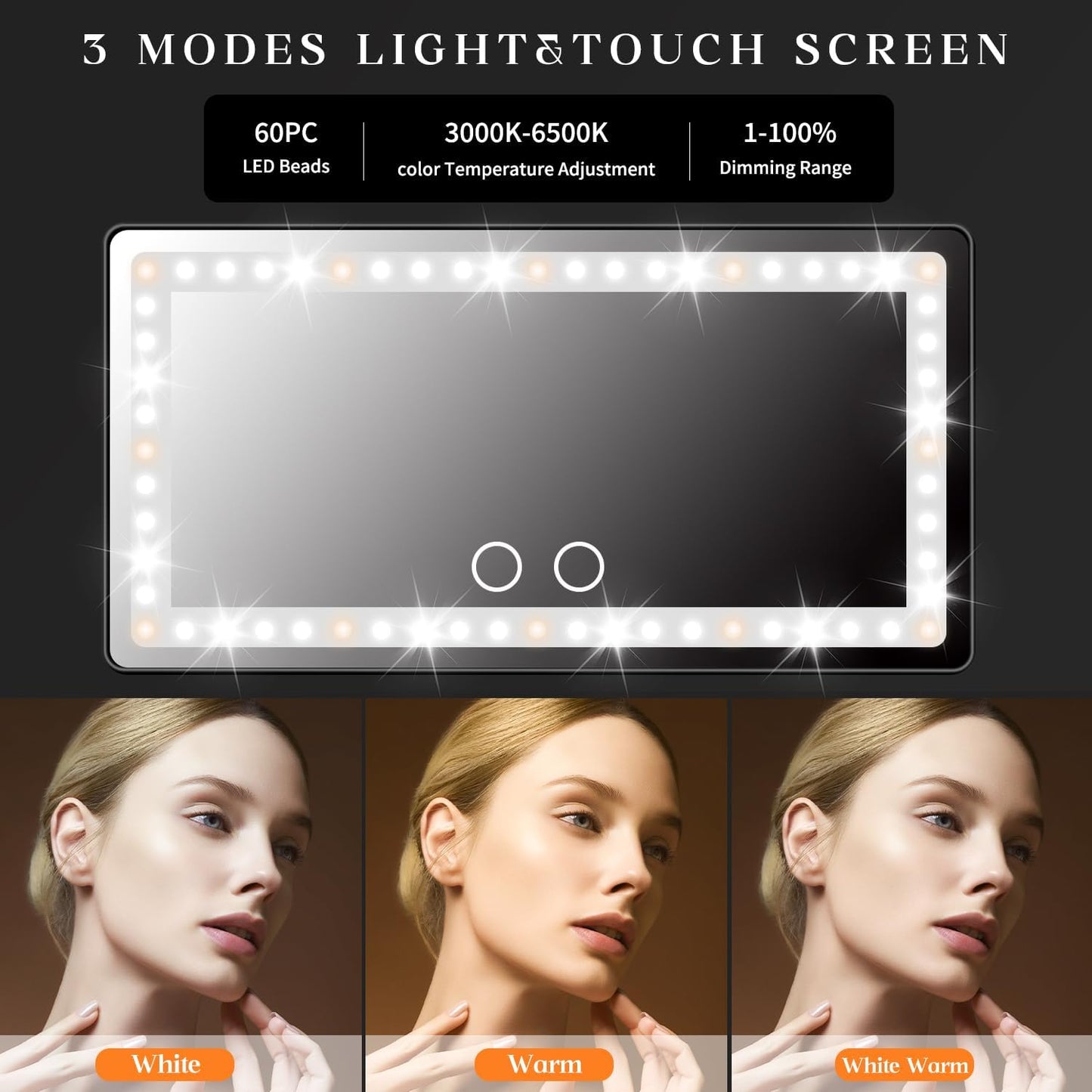 Led Sun Visor Vanity Mirror,Rechargeable Car Makeup Mirror with 3 Light Modes & 60 Leds, Dimmable Touch Screen,Car Accessories for Women Girl,Universal for SUV