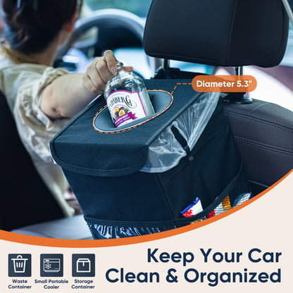 Car Trash Can with Lid, 3 Gallon/11.5L Leak-Proof Trash Bin Car Garbage Can with Mesh Pockets,Waterproof Collapsible Car Organizer Hanging for Back/Front Seat/Console