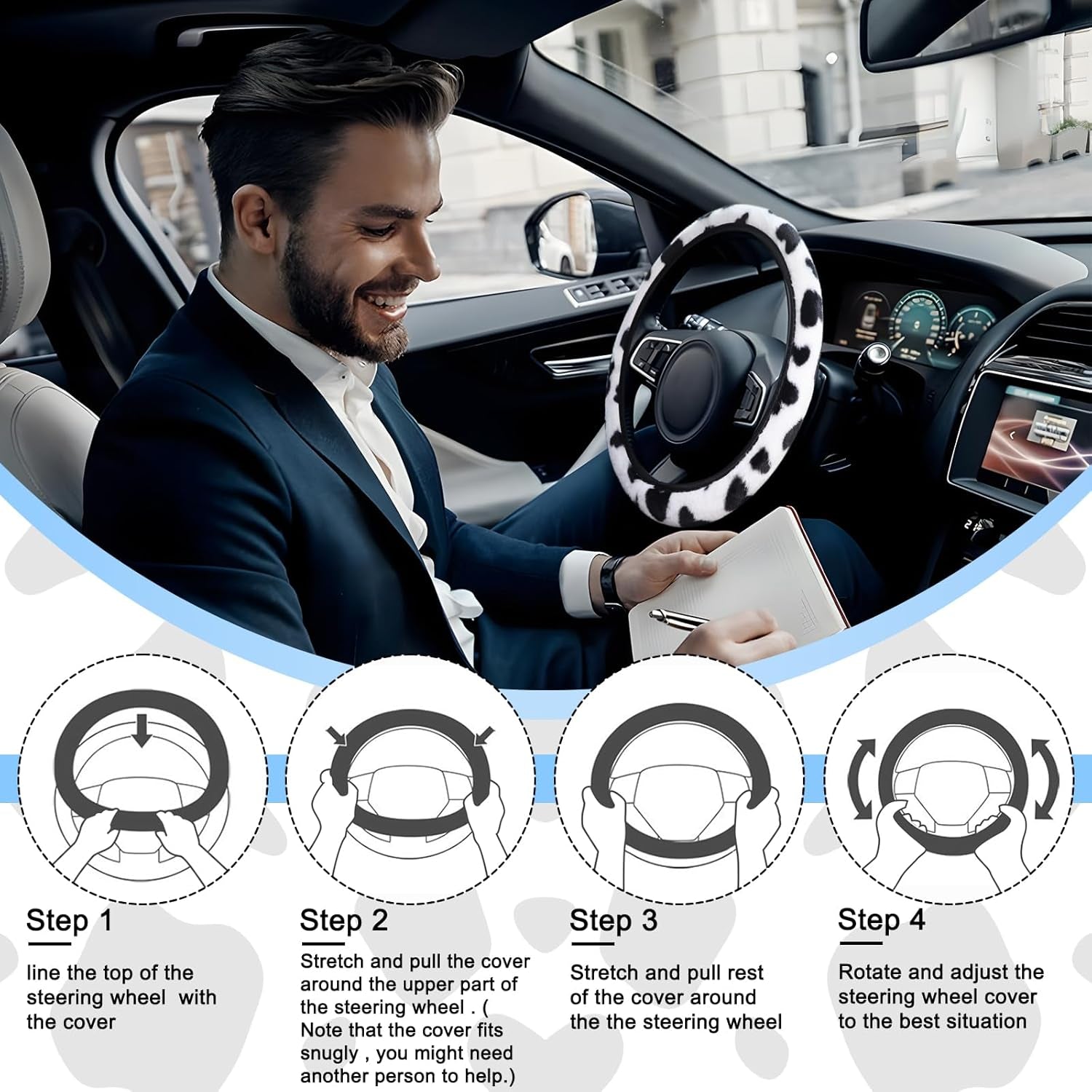 3PCS Furry Cow Print Steering Wheel Cover,Auto Plush Cute Cows Shift Gear & Hand Brake Covers Soft Warm Universal Car Interior Accessories for Women Men(Black)