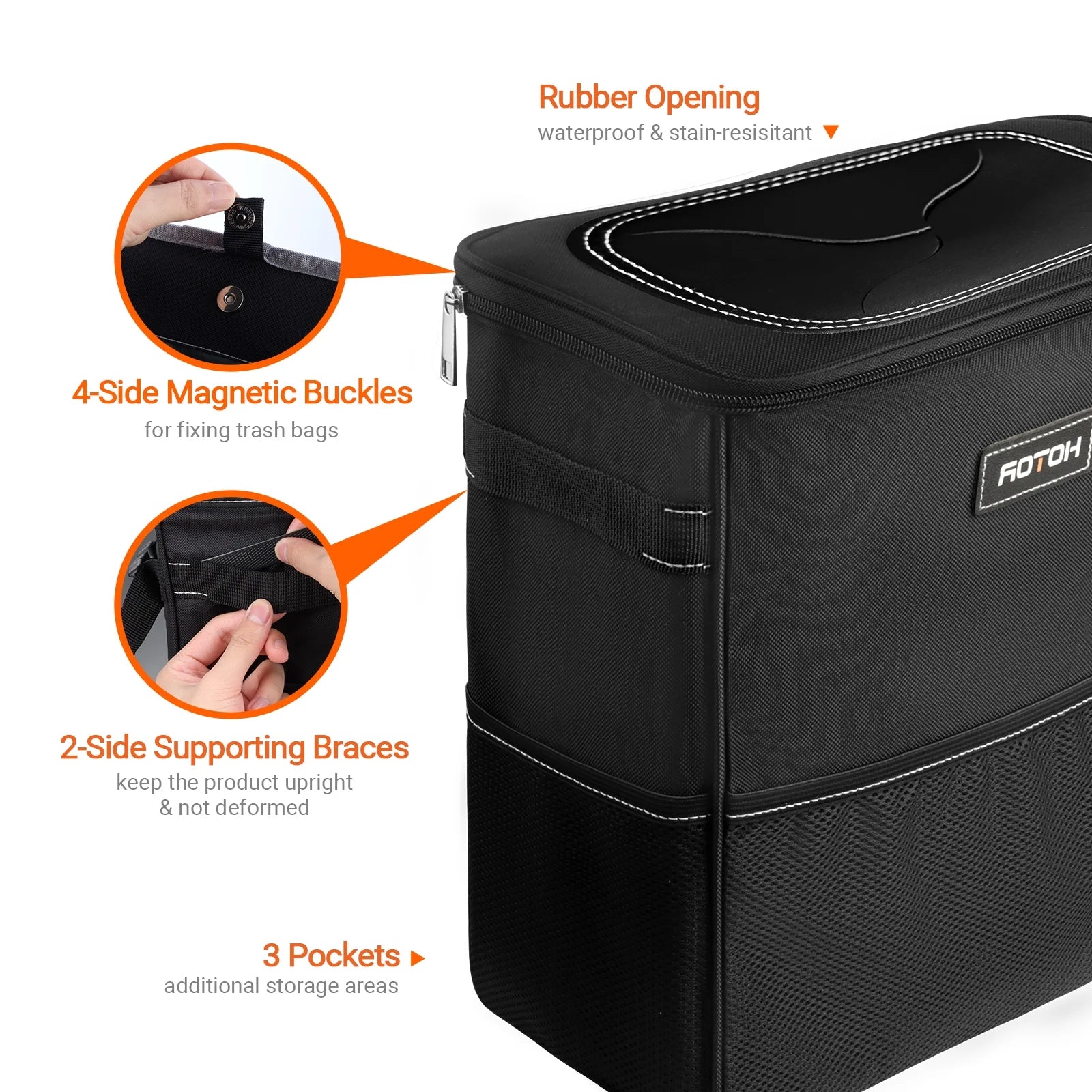 Car Trash Can with Lid, Leak-Proof Car Garbage Can with Mesh Pockets, Car Accessories