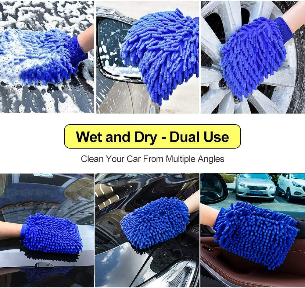 Car Wash Mitt 2 Pack - Large Microfiber Cleaning Gloves, Premium Chenille Scratch-Free Washing Kit, Waterproof Winter Accessories