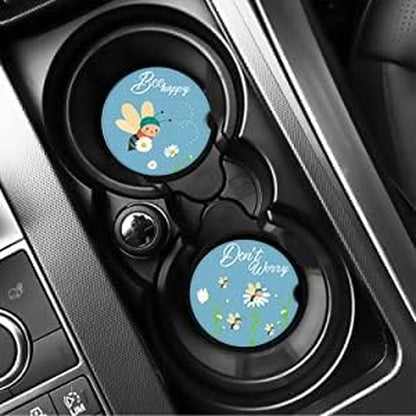 2.56" Ceramic Car Coasters - Adorable Bee Design: Don'T Worry, Bee Happy - Perfect Auto Cup Holders for Car, Absorbent, Durable