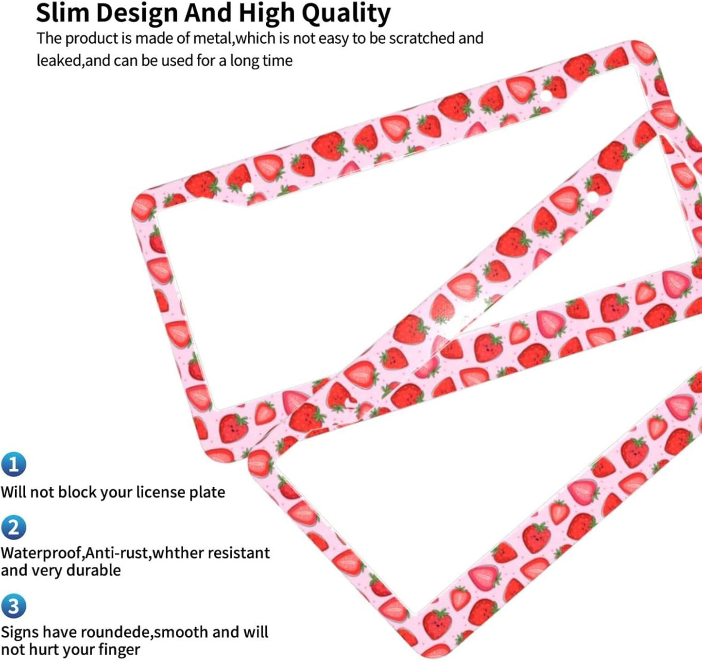Cute Strawberry License Plate Frames 2 Pack 2 Holes Aluminum License Plate Cover with 2 Pcs Car Coasters and Screw and Black Screw Caps for Girl Women Men Gifts