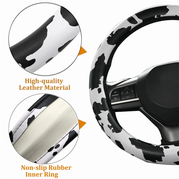 Cow Print Steering Wheel Cover and 2 Pack Seat Belt Shoulder Pad Non Slip Universal 14.5