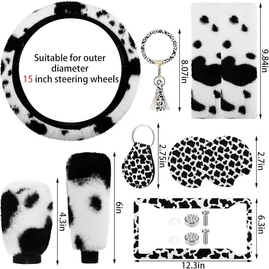 10 Pieces Cow Print Car Accessories Set Cow Fluffy Plush Steering Wheel Cover Shift Cover Handbrake Pad Cup Seat Belt Pad Brace