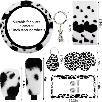 10 Pieces Cow Print Car Accessories Set Cow Fluffy Plush Steering Wheel Cover Shift Cover Handbrake Pad Cup Seat Belt Pad Brace