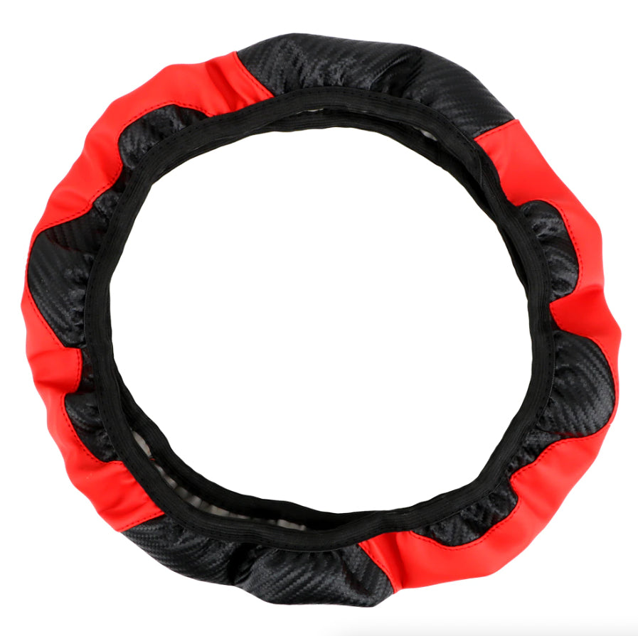 Car Steering Wheel Cover Red Black Leather Anti-Slip for 15"/38Cm Carbon Fiber