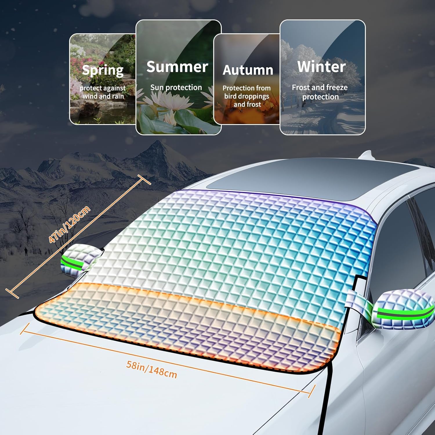 Windshield Snow Cover for Car SUV, Heavy Duty Waterproof Ice Shield with Mirror Flaps, Anti-Hail Frost, All Weather Exterior Protector for Winter Snow Rain Sun UV, Fits Most Vehicles