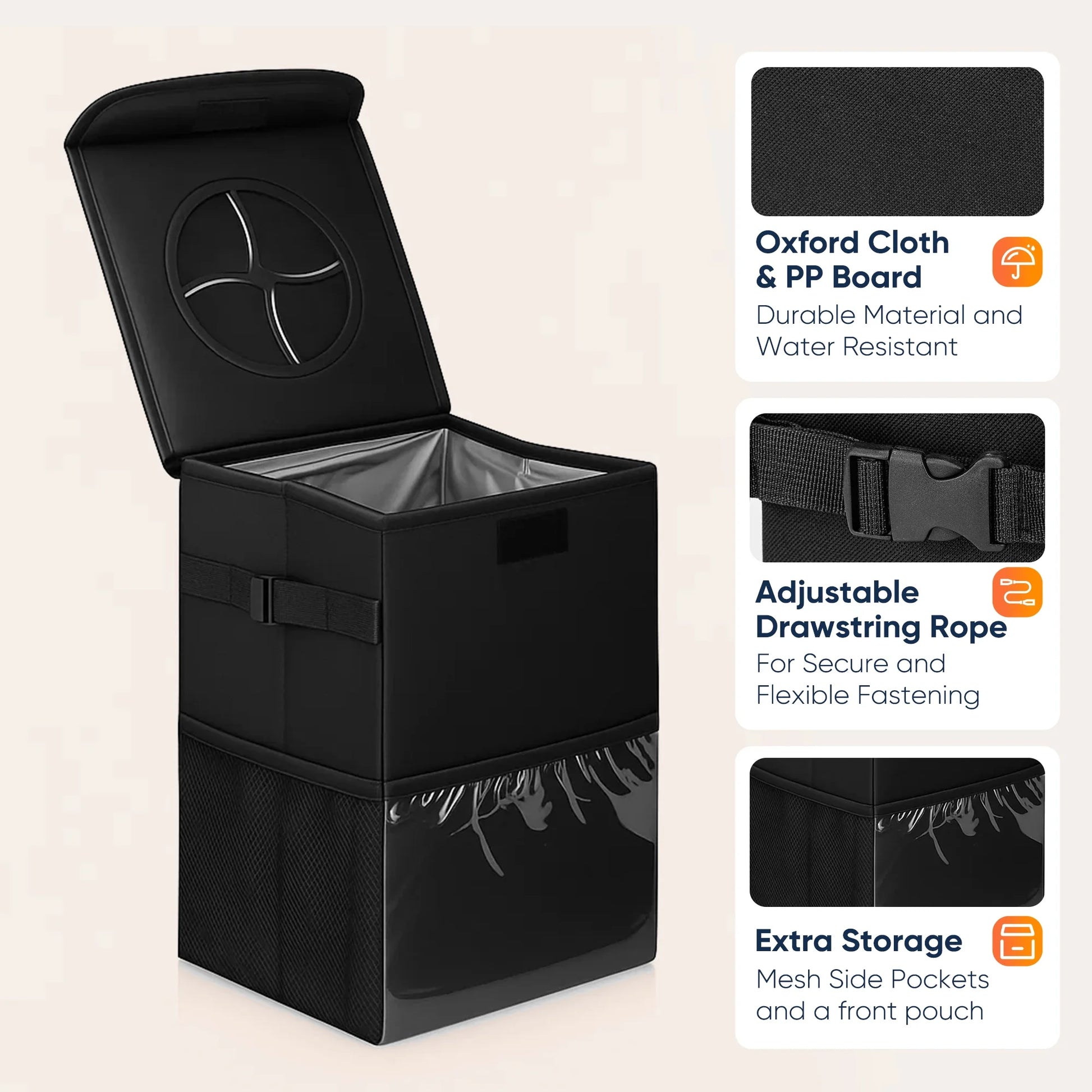 Car Trash Can with Lid, 3 Gallon/11.5L Leak-Proof Trash Bin Car Garbage Can with Mesh Pockets,Waterproof Collapsible Car Organizer Hanging for Back/Front Seat/Console