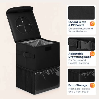 Car Trash Can with Lid, 3 Gallon/11.5L Leak-Proof Trash Bin Car Garbage Can with Mesh Pockets,Waterproof Collapsible Car Organizer Hanging for Back/Front Seat/Console