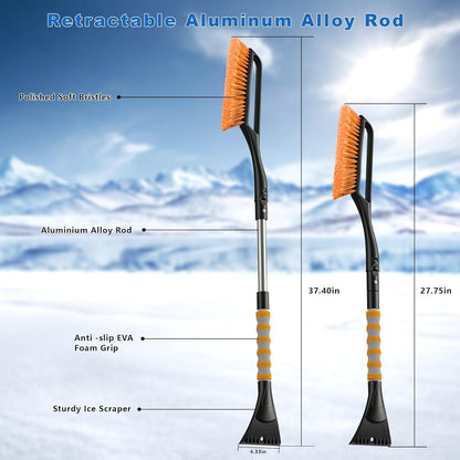 37'' Snow Brush and Ice Scraper for Car Windshield, Aluminum Extendable Snow Removal Tool for Car Window with Foam Grip for SUV Truck Auto Vehicle Winter Accessorie - Orange