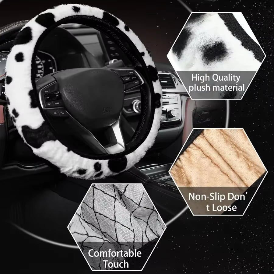 10 Pieces Cow Print Car Accessories Set Cow Fluffy Plush Steering Wheel Cover Shift Cover Handbrake Pad Cup Seat Belt Pad Brace