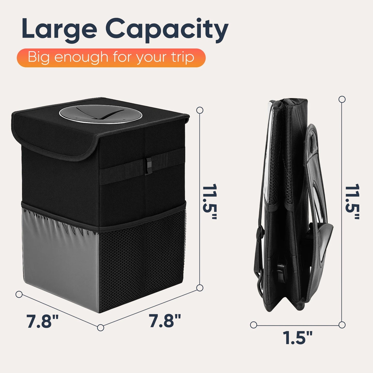 Car Trash Can with Lid, 3 Gallon/11.5L Leak-Proof Trash Bin Car Garbage Can with Mesh Pockets,Waterproof Collapsible Car Organizer Hanging for Back/Front Seat/Console