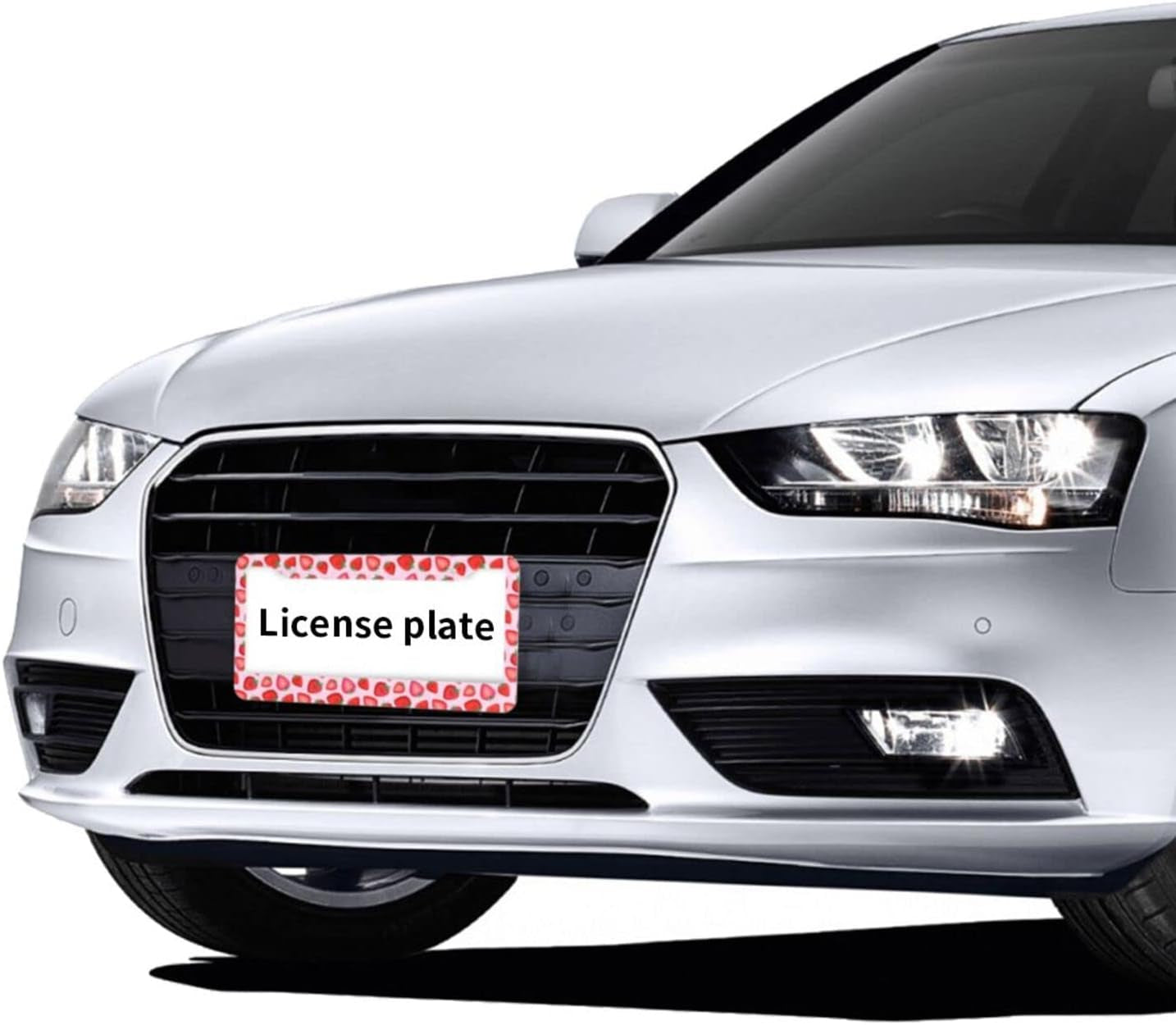 Cute Strawberry License Plate Frames 2 Pack 2 Holes Aluminum License Plate Cover with 2 Pcs Car Coasters and Screw and Black Screw Caps for Girl Women Men Gifts