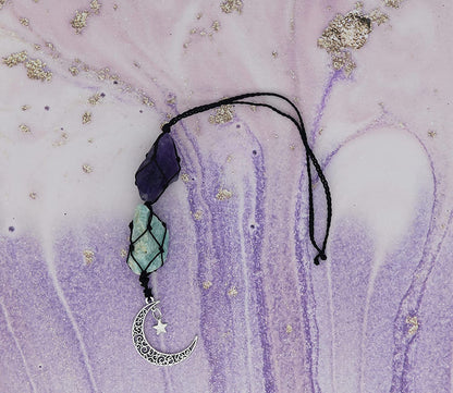 Hanging Car Charm - Amethyst & Amazonite - Dangling Moon & Healing Crystal Accessories, Rearview Mirror Decorations - Balance, Intuition, Spirituality, Self-Love, Honesty, Clarity, Energy