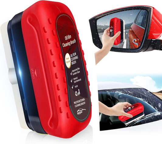 Automotive Oil Film Cleaning Brush, Upgraded Antifog & Rainproof Glass Cleaning Board, Reusable Glass Oil Film Remover for Car Windows & Windshields (Red)
