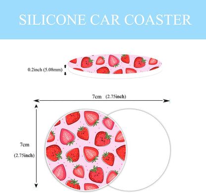 Cute Strawberry License Plate Frames 2 Pack 2 Holes Aluminum License Plate Cover with 2 Pcs Car Coasters and Screw and Black Screw Caps for Girl Women Men Gifts