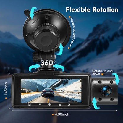 Dash Cam,3 Channel Dash Cam 4K+720P Dash Cam Front and inside Dash Camera with 64GB Card,Night Vision,G-Sensor,24Hr Parking,Triple Car Camera with IR Night Vision