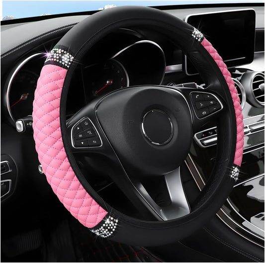 Bling Car Steering Wheel Cover, 15 Inch Rhinestones Soft Leather Elastic Steering Wheel Protector, Sparkly Crystal Diamond for Women Girls, Car Interior Accessories for Most Cars (Pink)