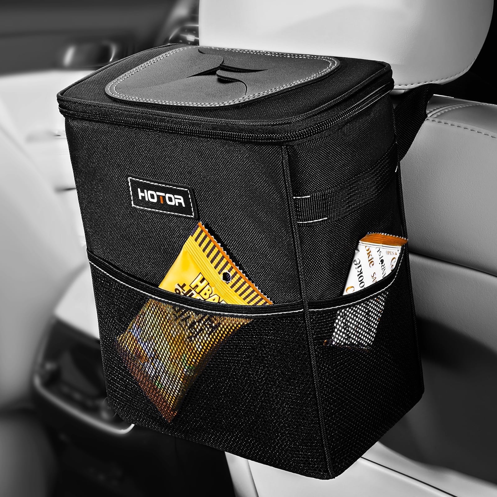 Car Trash Can with Lid, Leak-Proof Car Garbage Can with Mesh Pockets, Car Accessories