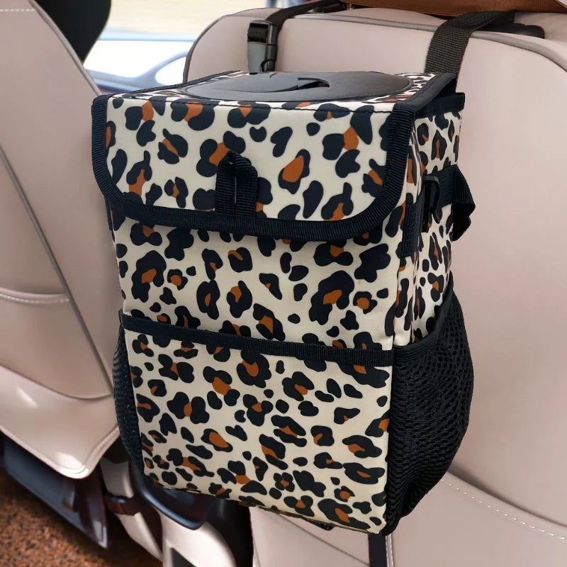 Car Trash Can with Lid and Storage Pockets - Waterproof Car Trash Bag Hanging, Leak-Proof Automotive Garbage Can, Multipurpose C