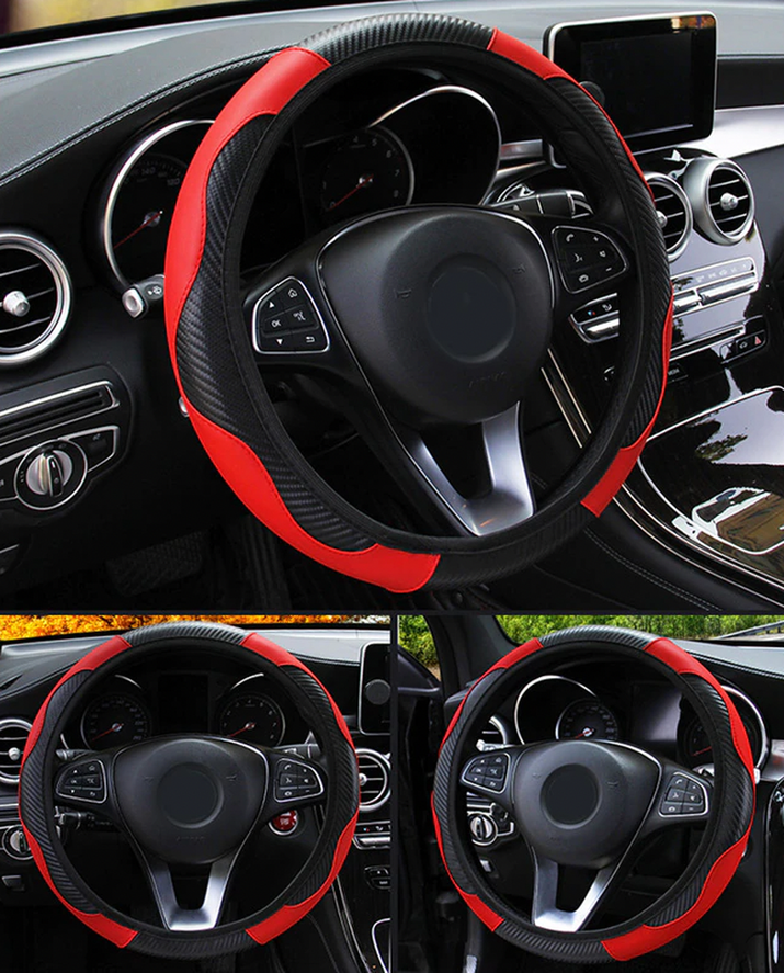 Car Steering Wheel Cover Red Black Leather Anti-Slip for 15