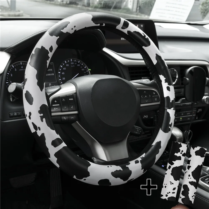 Cow Print Steering Wheel Cover and 2 Pack Seat Belt Shoulder Pad Non Slip Universal 14.5