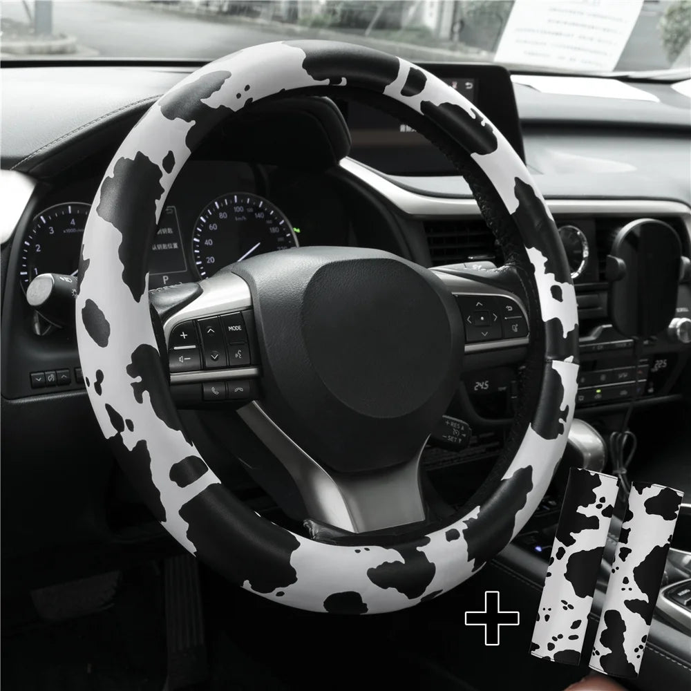 Cow Print Steering Wheel Cover and 2 Pack Seat Belt Shoulder Pad Non Slip Universal 14.5" to 15"