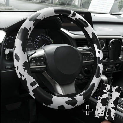 Cow Print Steering Wheel Cover and 2 Pack Seat Belt Shoulder Pad Non Slip Universal 14.5" to 15"